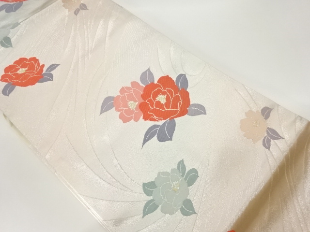 曲線に薔薇模様織出し名古屋帯